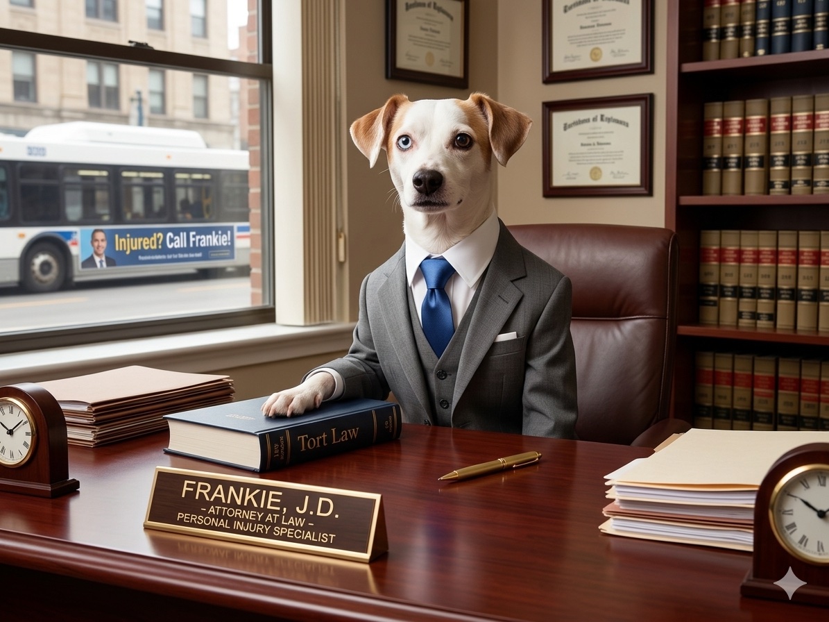 Frankie J.D. in a grey suit with one paw on a Tort Law textbook, an 'Injured? Call Frankie!' bus ad visible through the window