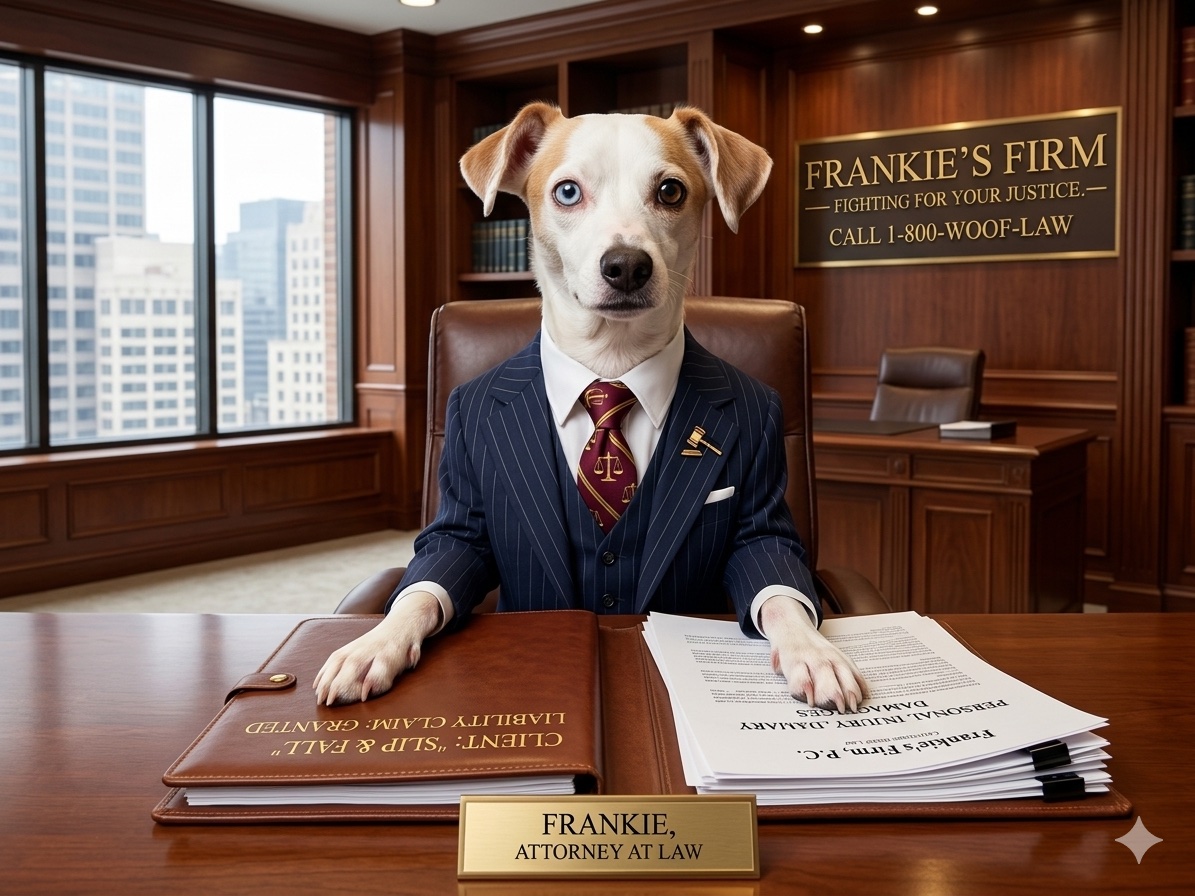 Frankie at his executive desk in front of a wall sign reading 'Frankie's Firm — Fighting for Your Justice. Call 1-800-WOOF-LAW', with a leather binder stamped 'Slip & Fall — Liability Claim: Granted'
